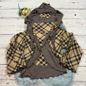 Cari Borja Designer Plaid Layered Textured Brown Hooded Cardigan